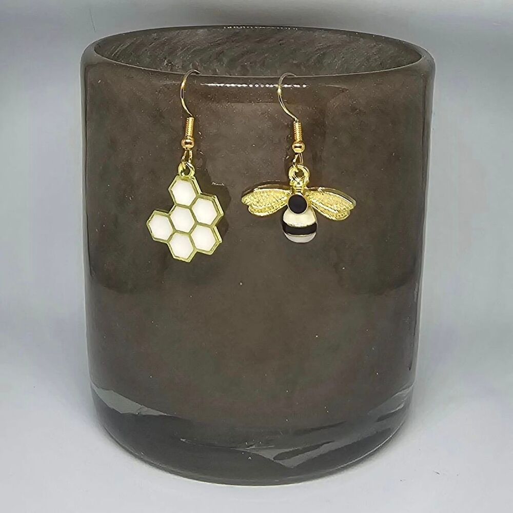 Sweet as Honey: Bee & Honeycomb Mismatched Stud Earrings (New)